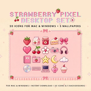 May include: A digital desktop icon set titled STRAWBERRY PIXEL DESKTOP SET, featuring 20 pixel art icons including strawberries, milk, jam, cake, bows, hearts, cameras, headphones, notebooks, folders, stars, moons, clouds, laptops, and cupcakes.