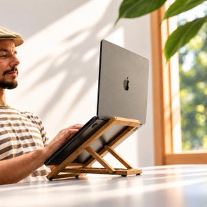 Könnte beinhalten: Ein dunkelgrauer Laptop mit einem Apple-Logo auf dem Deckel, der auf einem hellbraunen Bambusständer ruht. Der Ständer verfügt über einen verstellbaren Rahmen mit mehreren Schlitzen zur Änderung des Neigungswinkels des Geräts.