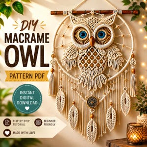 Large Macrame Owl Pattern PDF, Owl Dreamcatcher Wall Hanging Tutorial, Boho Macrame Decor Pattern, Instant Download