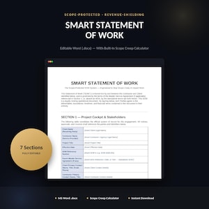 Könnte beinhalten: Eine digitale Dokumentvorlage mit dem Titel Smart Statement of Work, die einen Abschnitt für Projekt-Cockpit und Stakeholder mit einer Tabelle für Kunden- und Auftragnehmerdetails enthält. Ein goldenes Abzeichen zeigt 7 bearbeitbare Abschnitte.