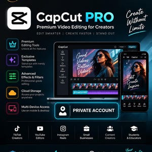 May include: A digital advertisement for CapCut PRO featuring a laptop and smartphone displaying video editing interfaces. Text includes CapCut PRO, Premium Video Editing for Creators, Create Without Limits, and Private Account, with icons for various features.