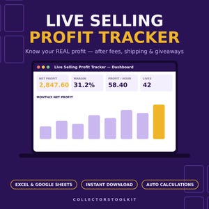 May include: A digital dashboard titled Live Selling Profit Tracker on a dark purple background. It displays net profit, margin, profit per hour, and lives count with a bar chart for monthly net profit. Text includes Excel & Google Sheets, Instant Download, Auto Calculations, and Collectorstoolkit.