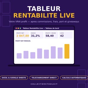 May include: A digital dashboard interface titled TABLEUR RENTABILITE LIVE with metrics for profit, margin, and hourly earnings. It displays a bar chart for monthly net profit, with buttons for EXCEL & GOOGLE SHEETS, TELECHARGEMENT DIRECT, and CALCULS AUTOMATIQUES.