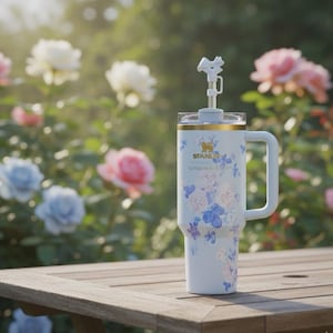May include: A white Stanley tumbler with a handle, featuring a floral pattern of blue and pink roses. The cup has a gold-tone rim, a clear lid, and a white straw topper shaped like a bow. The brand name Stanley is printed in gold on the front.