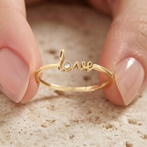 Dainty Love Ring with Diamond, 925 Sterling Silver Gold Plated, Minimalist Cursive Script Word Ring, Romantic Everyday Jewelry for Women