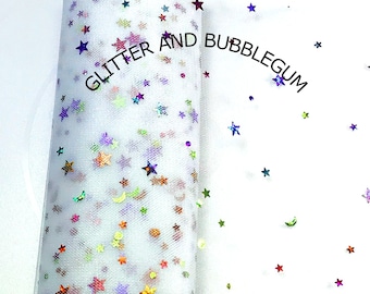 Tulle 6 inch wide with moon and stars white 10 yards