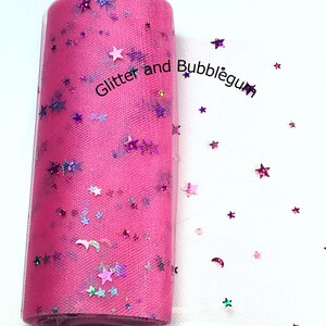 Tulle 6 inch wide with moon and stars rose pink 10 yards