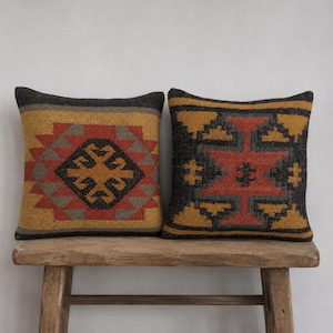 Set of 2 Handmade Kilim Pillow Covers, Moroccan Aztec Boho Throw Pillows, Textured Woven Sofa Cushions, 18x18 20x20 22x22