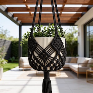 Macrame Plant Hanger in Black, Cream, Gray, Pink and Terracotta, Cotton Rope Hanging Planter Holder with Tassel