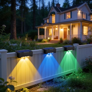 May include: Three rectangular black solar-powered fence lights mounted on a white picket fence. Each light features a top solar panel and emits a distinct downward beam of light in yellow, blue, and green, illuminating the fence surface.