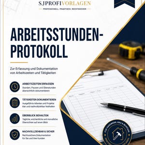 Könnte beinhalten: Ein weißes Dokument mit dem Titel ARBEITSSTUNDEN-PROTOKOLL, dunkelblauem Kopfbereich und goldenen Akzenten. Es enthält ein Raster zur Erfassung von Arbeitszeiten, Tätigkeiten und Datum, ergänzt durch Symbole, einen Stift und ein Logo.