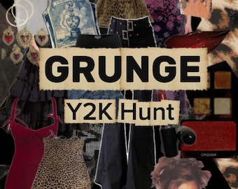 May include: A collage of clothing and accessories including a Bowie t-shirt, leopard print tops, black flared trousers, a red slip dress, black combat boots, high-top sneakers, heart-shaped earrings, and makeup palettes with the text GRUNGE Y2K Hunt.