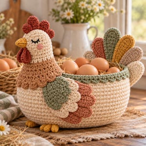 May include: A crochet chicken-shaped basket in cream, sage green, and terracotta yarn. The chicken has a closed-eye expression, a yellow beak, and a red comb. The basket body holds several brown eggs nestled in straw-like material.