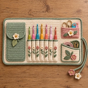 May include: A cream-colored crochet organizer mat featuring a large green pocket, six slots for crochet hooks with floral embroidery, and two smaller pockets containing scissors and notions, finished with braided ties and flower accents.