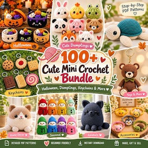 100+ Crochet Halloween, Dumplings & Keychain Patterns Bundle, Mini Amigurumi Patterns, Instant PDF Download