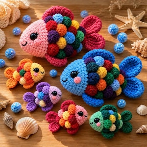 Op de afbeelding: Een verzameling van zes gehaakte visspeeltjes met kleurrijke pomponschubben, zwarte plastic ogen en roze wangen. De vissen zijn gerangschikt naast kleine blauwe wollen bolletjes en verschillende schelpen op een houten ondergrond.