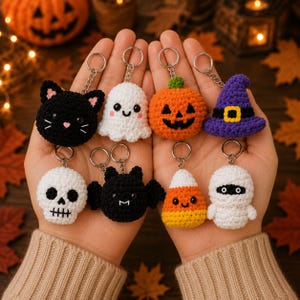 May include: A collection of eight crocheted Halloween keychains featuring a black cat, a white ghost, an orange jack-o'-lantern, a purple witch hat, a white skull, a black bat, a candy corn, and a white mummy, each with a metal ring.