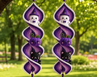 Halloween Crochet Spiral Wind Spinner Pattern PDF, Ghost Pumpkin Cat Amigurumi Spooky Hanging Decor Tutorial