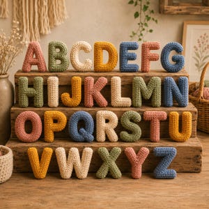 May include: A complete set of twenty-six crochet alphabet letters arranged in four rows on a wooden tiered display. Each letter is crafted from yarn in various colors including pink, green, yellow, blue, and cream, featuring a textured stitch pattern.