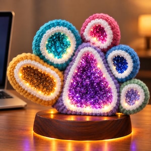 May include: A decorative paw-shaped object featuring multiple crocheted sections in blue, pink, yellow, purple, and green, each surrounding a glowing, crystal-like center. The entire piece is mounted on a circular, dark wood base with integrated lighting.