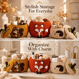 May include: Three round crochet storage baskets featuring animal motifs: a mustard yellow squirrel basket, an orange fox basket, and a cream hedgehog basket. Each basket has a matching lid with a green leaf accent and holds various items.