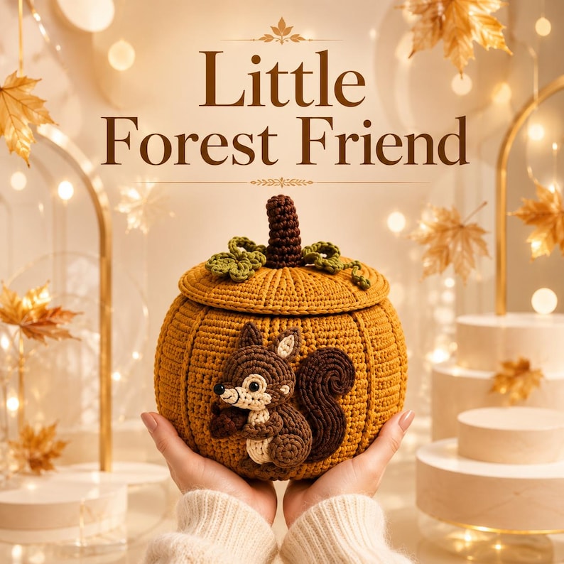 May include: A round, mustard-yellow crocheted pumpkin container with a lid, featuring a dark brown stem and green crocheted leaves. A crocheted squirrel in shades of brown and cream holding an acorn is attached to the front. Text reads Little Forest Friend.