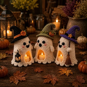 May include: Three crocheted ghost figurines, each wearing a pointed witch hat in black, olive green, or purple. Each ghost features a hollow center containing a small lit candle, black eyes, and pink cheeks. One holds a lantern, one a broom.