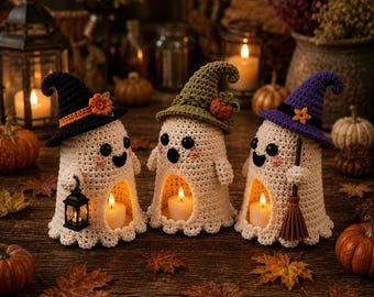 Halloween Ghost Lantern Covers Crochet Pattern, Spooky Witch Hat Amigurumi Tealight Candle Holder PDF, Ghost Decor Set of 3 Easy Beginner