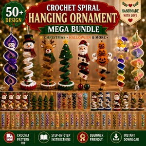 May include: A digital collection of crochet spiral hanging ornament patterns featuring over 50 designs for Christmas and Halloween. The image displays various finished ornaments including a snowman, reindeer, tree, Santa, and pumpkins.