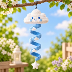 Patrón de ganchillo en PDF para móvil de bebé con diseño de nube y lluvia en espiral / Decoración amigurumi para habitación infantil / Descarga digital fácil / Idea de regalo para baby shower