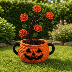 Halloween Rose Tree Crochet Pattern PDF | Jack-o'-Lantern Pumpkin Pot Amigurumi Tutorial | Easy Beginner 3D Autumn Decor DIY