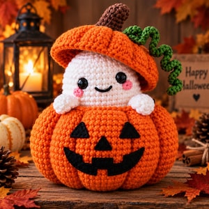 May include: A crocheted white ghost with black eyes and pink cheeks peeking out from a large orange pumpkin with a black jack-o'-lantern face. The ghost wears a smaller orange pumpkin cap with a brown stem and a curly green vine attached.