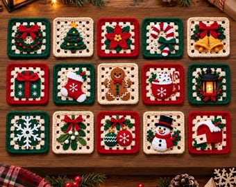 May include: A collection of fifteen square crochet appliques featuring Christmas motifs including a wreath, tree, poinsettia, candy cane, bells, gift, stocking, gingerbread person, cocoa mug, lantern, snowflake, mistletoe, ornaments, snowman, and mailbox.
