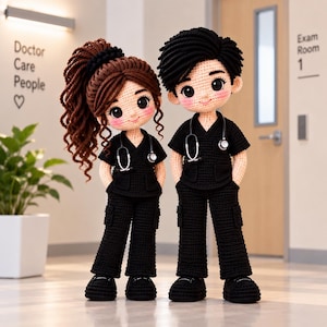 May include: Two amigurumi dolls dressed in black medical scrubs and stethoscopes. One doll has long brown curly hair in a high ponytail, and the other has short black hair. Both have light skin, large dark eyes, and pink cheeks, standing side by side.