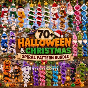 Könnte beinhalten: Eine Sammlung von gehäkelten Spiralornamenten mit verschiedenen Feiertagsfiguren wie Schneemännern, Weihnachtsbäumen, Weihnachtsmännern, Rentieren, Pinguinen, Gnomen, Kürbissen, Hexen, Geistern, Eulen, Fledermäusen und Katzen, mit einem zentralen Schild 70+ HALLOWEEN & CHRISTMAS SPIRAL PATTERN BUNDLE.
