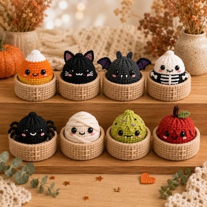 Könnte beinhalten: Eine Sammlung von acht kleinen, runden, gehäkelten Halloween-Figuren, die jeweils in einem beigen gehäkelten Körbchen sitzen. Die Figuren umfassen einen Zuckermais, eine schwarze Katze, eine Fledermaus, ein Skelett, eine Spinne, eine Mumie, ein grünes Monster und einen roten Apfel mit Blatt.