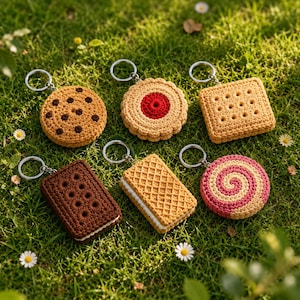 May include: Six crocheted biscuit keyrings featuring various designs: a chocolate chip cookie, a jam-filled biscuit, a square shortbread, a dark chocolate sandwich biscuit, a rectangular wafer, and a pink and beige swirl biscuit, each with a metal ring.
