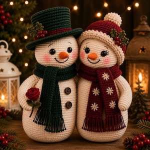 Virkat julpar snögubbemönster PDF, Mr & Mrs Amigurumi snögubbe docka, vinterdekor, omedelbar nedladdning