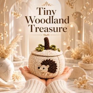 May include: A cream-colored crocheted pumpkin-shaped container with a lid, featuring a dark brown crocheted hedgehog appliqu&eacute; on the front and a dark brown stem. The text Tiny Woodland Treasure is printed in dark brown above the object.