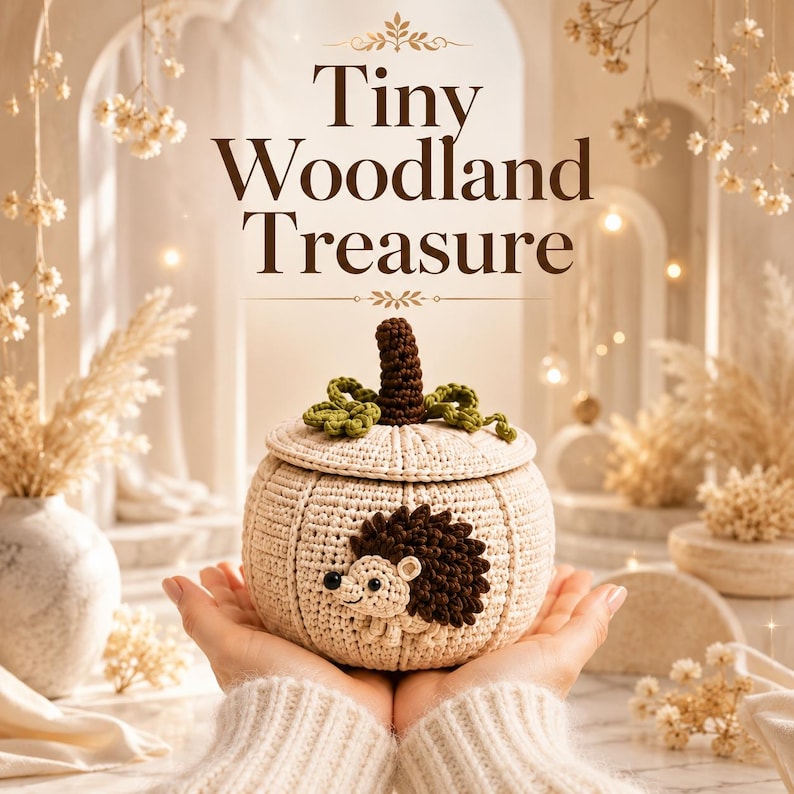 May include: A cream-colored crocheted pumpkin-shaped container with a lid, featuring a dark brown crocheted hedgehog appliqu&eacute; on the front and a dark brown stem. The text Tiny Woodland Treasure is printed in dark brown above the object.
