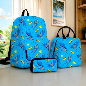 Batman Pattern Backpack Set, Batman Superhero School Backpack with Lunch Bag & Pencil Case, Kids Back to School Gift, DC Inspired
