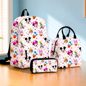 Disney Friends Backpack Set, Mickey Minnie Donald Daisy Goofy Pluto School Backpack with Lunch Bag & Pencil Case, Kids Back to School Gift