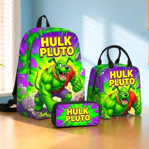 Hulk Pluto Backpack Set, Hulk Pluto Inspired School Backpack with Lunch Bag & Pencil Case, Marvel Disney Style, Kids Back to School Gift