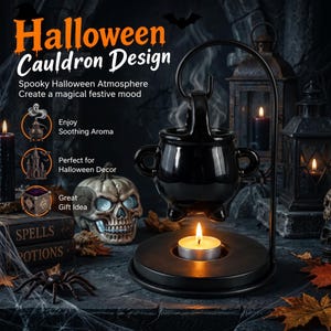 May include: A black ceramic cauldron oil burner suspended from a curved metal stand, featuring a tea light candle base. The image includes text: Halloween Cauldron Design, Spooky Halloween Atmosphere, Create a magical festive mood, Enjoy Soothing Aroma, Perfect for Halloween Decor, Great Gift Idea, Spells, Potions.