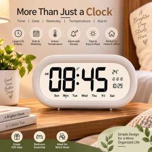 May include: A white oval digital alarm clock with a large LCD screen displaying 08:45 AM, the date 10/29, the temperature 24°C, and the days of the week. The text More Than Just a Clock is visible above the clock, along with various feature icons.