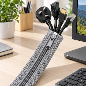 May include: A grey cable management sleeve featuring a zipped closure. The fabric sleeve is constructed from a textured, woven material and contains four black electrical and data cables, including a three-pin plug, a power cord, and an HDMI cable.