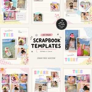 Puede incluir: Una colección de plantillas digitales para álbumes de recortes con fondos en tonos pastel, elementos florales decorativos y marcos para fotos. El texto incluye "SCRAPBOOK TEMPLATES", "15+ PAGES", "EDIT ON ANY DEVICE" y "CANVA FREE VERSION".