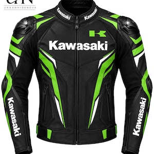 Kawasaki Racing herrskinnjacka – svart och grön motorcykeljacka för sportkörning
