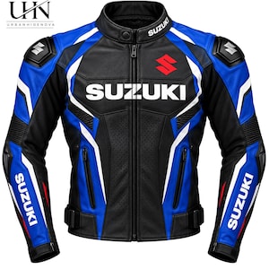 Könnte beinhalten: Eine schwarz-blau-weiße Motorradjacke mit Suzuki-Logo auf Brust, Kragen und Ärmeln. Die Jacke verfügt über einen durchgehenden Frontreißverschluss, perforierte Ledereinsätze, Schulterprotektoren und verstellbare Taillengurte.