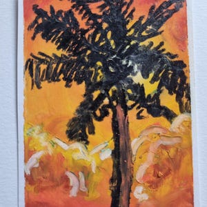 May include: An oil painting on a rectangular canvas featuring a single palm tree rendered in thick, dark black brushstrokes. The background is a vibrant gradient of warm orange, yellow, and red tones, with textured highlights in white and cream.
